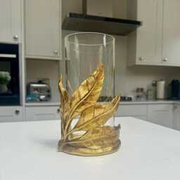 Gold Leaf Glass Hurricane Candle Holder - Ornate Base Lantern 26cm - thumbnail 2