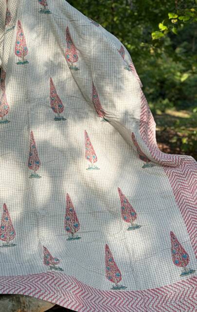 Quilted Pure Waffle Cotton Reversible Bed Throw Single Kids Size Summer Indian Quilt - Handmade Hand-Print Country Grey Pink Fern Tree - image 1