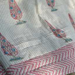 Quilted Pure Waffle Cotton Reversible Bed Throw Single Kids Size Summer Indian Quilt - Handmade Hand-Print Country Grey Pink Fern Tree - thumbnail 2