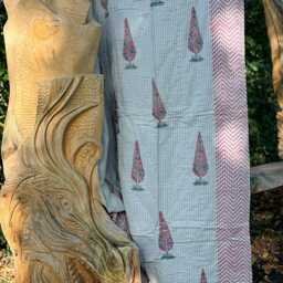 Quilted Pure Waffle Cotton Reversible Bed Throw Single Kids Size Summer Indian Quilt - Handmade Hand-Print Country Grey Pink Fern Tree - thumbnail 3
