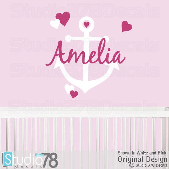 Girls Nautical Anchor Monogram Vinyl Wall Decal - Kids Room Decor - image 1