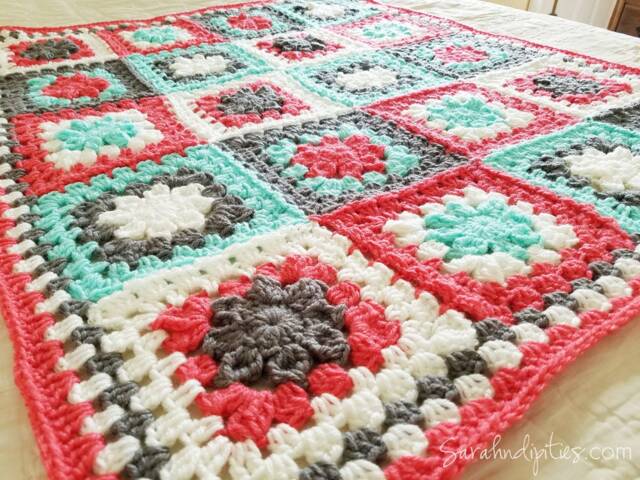 Crochet Granny Square Baby Blanket - Coral, Mint & Grey Afghan - image 1