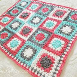 Crochet Granny Square Baby Blanket - Coral, Mint & Grey Afghan - thumbnail 3