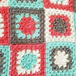 Crochet Granny Square Baby Blanket - Coral, Mint & Grey Afghan - thumbnail 2