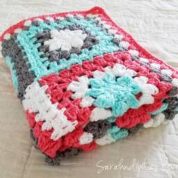 Crochet Granny Square Baby Blanket - Coral, Mint & Grey Afghan - thumbnail 4