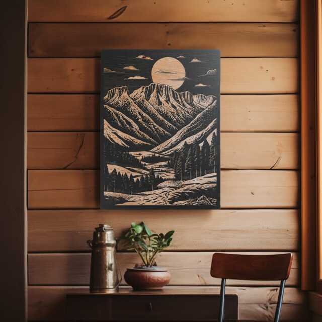 Desert Mountain Engraved Birch Wood Panel - Block Print Inspired Southwestern Wall Art, Rustic Illustration Print, Cabin Home Decor Gift - image 1