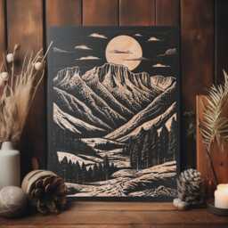 Desert Mountain Engraved Birch Wood Panel - Block Print Inspired Southwestern Wall Art, Rustic Illustration Print, Cabin Home Decor Gift - thumbnail 2