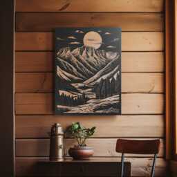 Desert Mountain Engraved Birch Wood Panel - Block Print Inspired Southwestern Wall Art, Rustic Illustration Print, Cabin Home Decor Gift - thumbnail 1