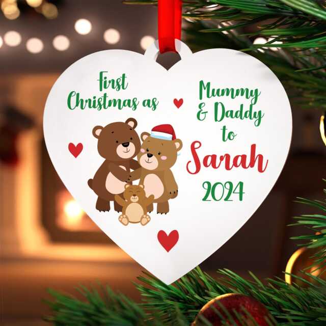 Personalised First Family Christmas Heart Decoration - As Mummy & Daddy Baby's 1st With Red Bag - image 1