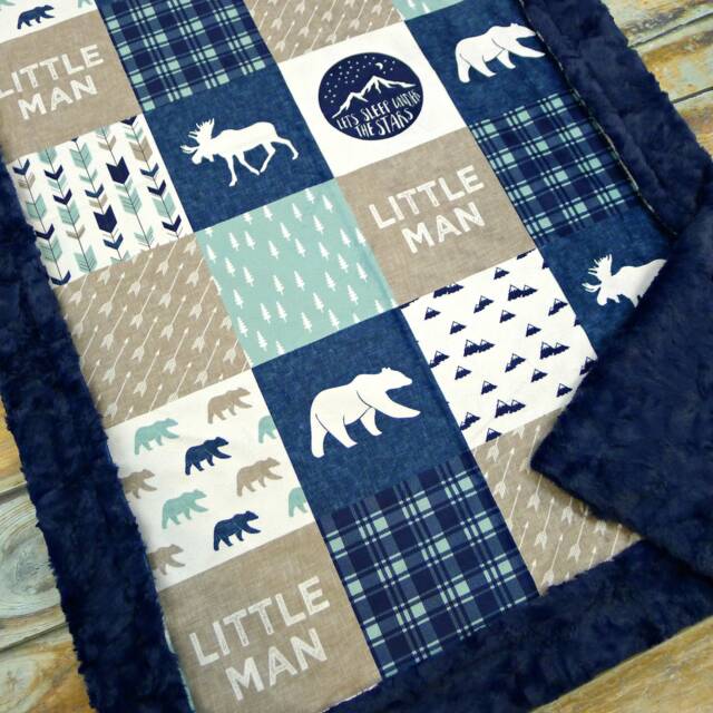 Minky Baby Blanket - Lumberjack Boy Navy Bedding Little Man Woodland Nursery Mountains - image 1