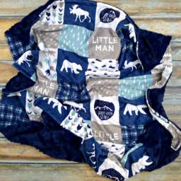 Minky Baby Blanket - Lumberjack Boy Navy Bedding Little Man Woodland Nursery Mountains - thumbnail 3