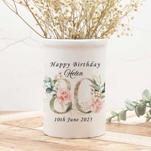Personalised White Ceramic Vase, Any Age Birthday Gift, Flower Relation Or Name, Pink Roses Design, 60Th 70Th 80Th 90Th - image 1