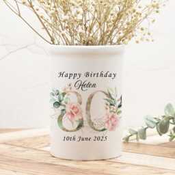 Personalised White Ceramic Vase, Any Age Birthday Gift, Flower Relation Or Name, Pink Roses Design, 60Th 70Th 80Th 90Th - thumbnail 1
