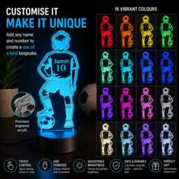 Personalised 3D Footballer Led Lamp, Custom Name Boys Bedroom Light, Remote Control Night Light - thumbnail 3