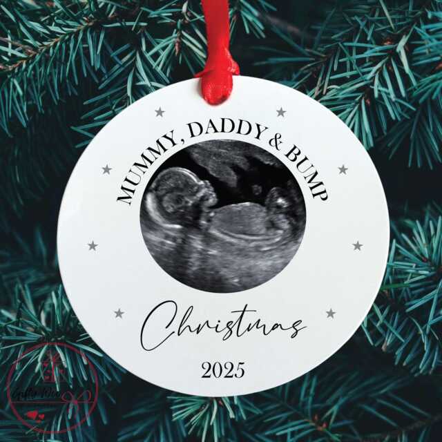 Personalised Baby Scan Bauble Mummy Daddy & Bump - Christmas Gift From The Bump Tree Decoration Sonogram - image 1