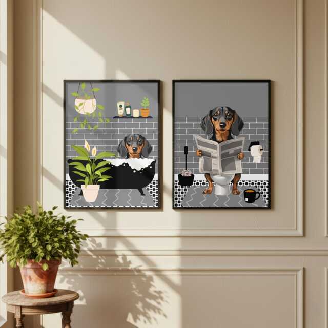 Dachshund Bathroom Prints, Bath & Toilet Art, Set Of Two Grey Prints. Funny Pet Portrait Glossy Print - image 1