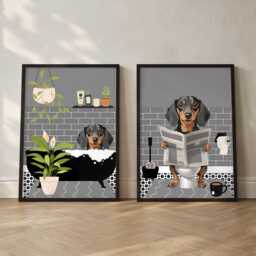Dachshund Bathroom Prints, Bath & Toilet Art, Set Of Two Grey Prints. Funny Pet Portrait Glossy Print - thumbnail 3