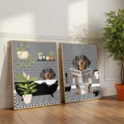 Dachshund Bathroom Prints, Bath & Toilet Art, Set Of Two Grey Prints. Funny Pet Portrait Glossy Print - thumbnail 2