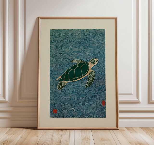 Sea Turtle Art Print, Japanese Style Ocean Poster, Minimalist Marine Wall Art, Coastal Nature Illustration, Blue Beach Home Decor - image 1