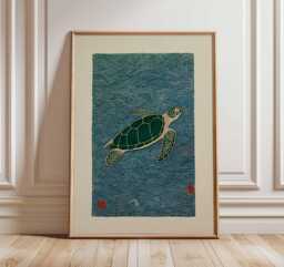 Sea Turtle Art Print, Japanese Style Ocean Poster, Minimalist Marine Wall Art, Coastal Nature Illustration, Blue Beach Home Decor - thumbnail 1
