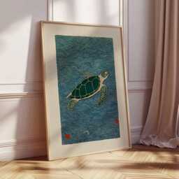 Sea Turtle Art Print, Japanese Style Ocean Poster, Minimalist Marine Wall Art, Coastal Nature Illustration, Blue Beach Home Decor - thumbnail 2