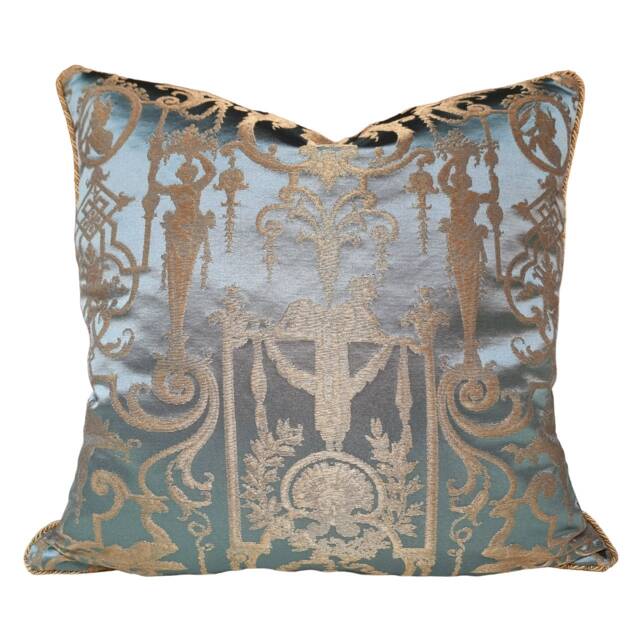 Throw Pillow Cushion Cover Silk Brocade Rubelli Fabric Aqua Blue & Gold Aida Pattern - Made in Italy - image 1