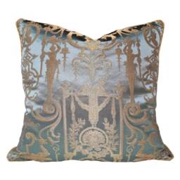 Throw Pillow Cushion Cover Silk Brocade Rubelli Fabric Aqua Blue & Gold Aida Pattern - Made in Italy - thumbnail 1