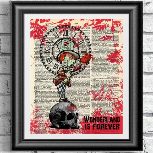 Zombie Alice in Wonderland Art Print Gothic Mad Hatter On Antique Dictionary Page - image 1