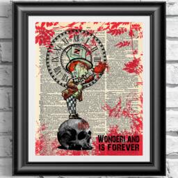 Zombie Alice in Wonderland Art Print Gothic Mad Hatter On Antique Dictionary Page - thumbnail 1