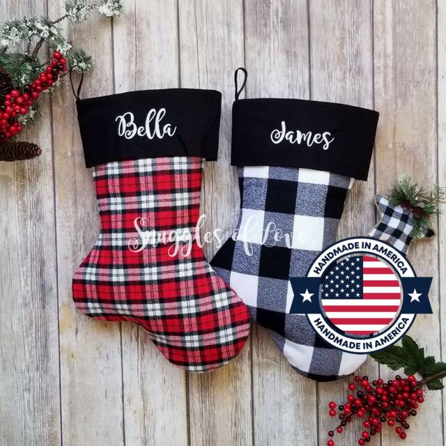 Personalized Plaid Christmas Stocking Embroidered Cotton Flannel - image 1