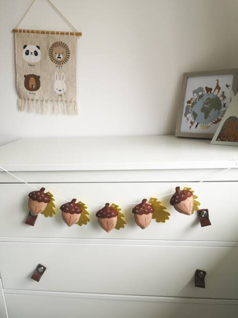 Felt Acorn Garland With Gold Leaves, Woodland Bunting, Theme Bedroom Decor, Autumn For Mantel - image 1