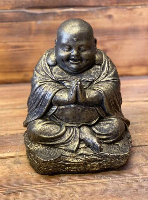 Stone Garden Gold Chubby Happy Smiling Praying Buddha Statue Ornament - image 1