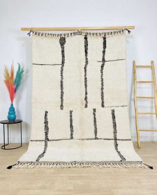 Hand Tufted Minimalist Moroccan Rug, Cream & Black Line Berber Shag Rug Large Area Beni Ourain Wool Carpet - image 1