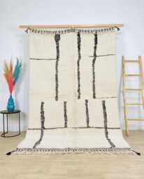 Hand Tufted Minimalist Moroccan Rug, Cream & Black Line Berber Shag Rug Large Area Beni Ourain Wool Carpet