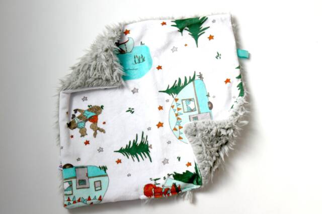 Dream Lovie. Security Blanket. Personalized Lovey. Faux Fur Woodland Camping. Mini Baby Minky Shower Gift - image 1