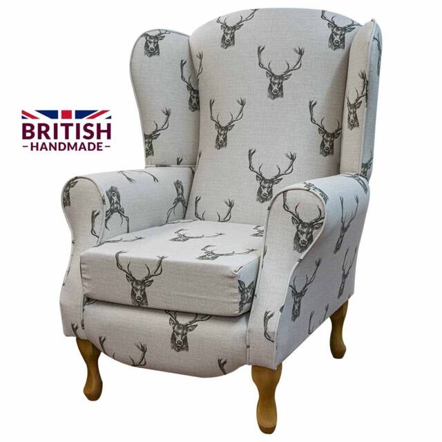 Handmade Stag Print Wingback Armchair British Fireside Accent Chair - image 1