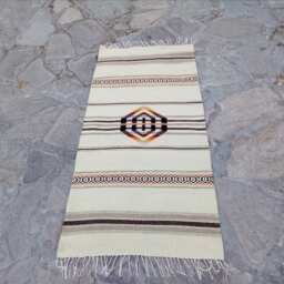 White Handwoven Boho Rug - Unique & Stylish Area in Natural White Wool With Brown Yellow-Brown Motifs - thumbnail 3
