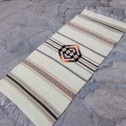 White Handwoven Boho Rug - Unique & Stylish Area in Natural White Wool With Brown Yellow-Brown Motifs - thumbnail 1