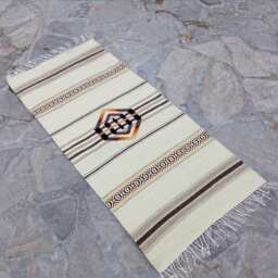 White Handwoven Boho Rug - Unique & Stylish Area in Natural White Wool With Brown Yellow-Brown Motifs - thumbnail 2
