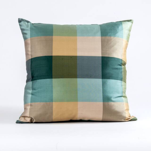 Green Check Silk Pillow Cover Teal Plaid Designer - image 1