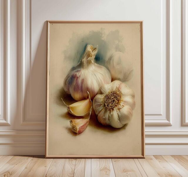 Rustic Garlic Still Life Poster, Vintage Kitchen Wall Art Print, Country Farmhouse Food Illustration, Dining Room Decor - image 1