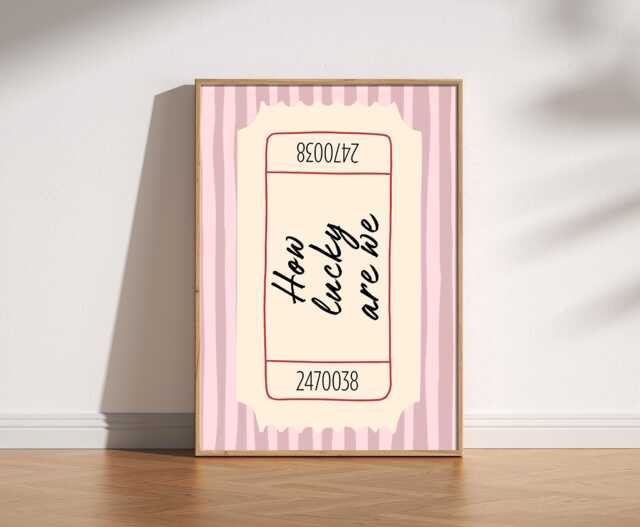 How Lucky Are We Retro Ticket Print, Style Cute Bedroom Poster, Fun Aesthetic Trendy Decor, Dorm Preppy, Pink Stripes Art - image 1