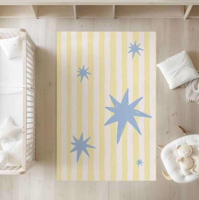 Stripes Yellow & Blue Stars, Carpet, Kids Decor, Children's Room Decor, Kids Rug, Modern Colourful Decor - image 1