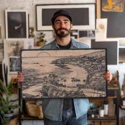 Laguna Beach Wall Art - California Lifestyle, Engraved Wooden Lithograph Illustration, Large Art, Coastal Sunset Landscape Painting - thumbnail 3