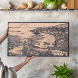 Laguna Beach Wall Art - California Lifestyle, Engraved Wooden Lithograph Illustration, Large Art, Coastal Sunset Landscape Painting - thumbnail 1