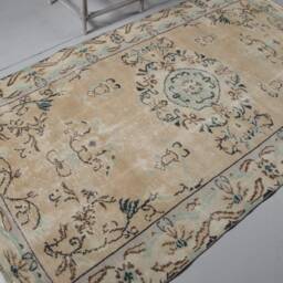 Vintage Rug, Oushak Green Cool Turkish Rugs For Dining Room, 4.6x8.3 Ft Area Rugs, Turkey Floor Handmade Nursery Rug - thumbnail 2