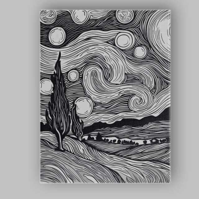 Black White Woodcut Style Starry Night Landscape Canvas Wall Art Print Decor Picture Ready To Hang - image 1