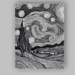 Black White Woodcut Style Starry Night Landscape Canvas Wall Art Print Decor Picture Ready To Hang - thumbnail 1
