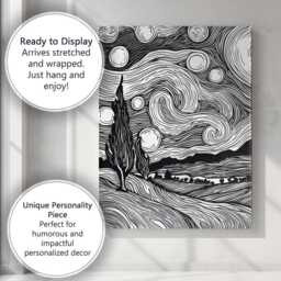 Black White Woodcut Style Starry Night Landscape Canvas Wall Art Print Decor Picture Ready To Hang - thumbnail 3