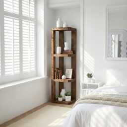 Belix W40cm Walnut Colour Solid Wood Corner Bookshelf - Open Bookcase, Rustic Scandinavian Design - thumbnail 3